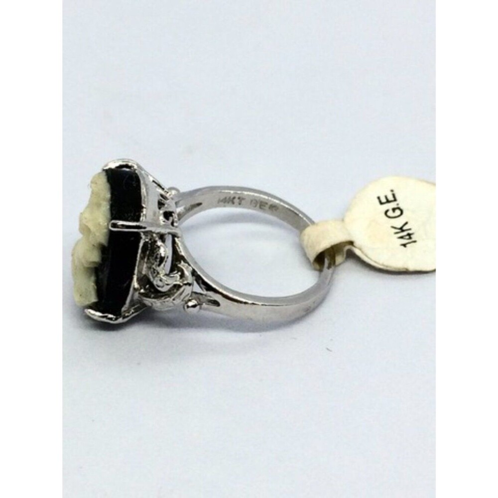 Vintage Cameo Ring 14k GE Silver Tone Resin Black Statement Lady 6.75 - Picture 9 of 15